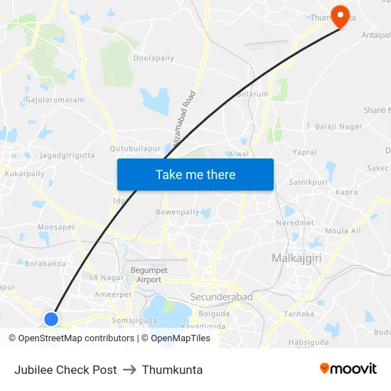 Jubilee Check Post to Thumkunta map