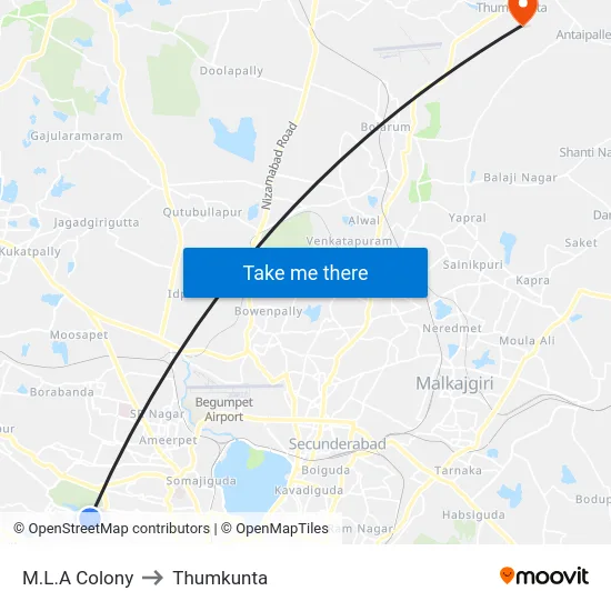 M.L.A Colony to Thumkunta map