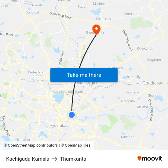 Kachiguda Kamela to Thumkunta map