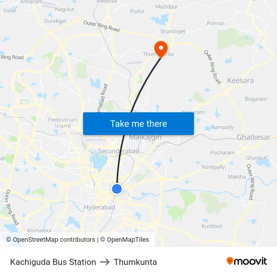 Kachiguda Bus Station to Thumkunta map
