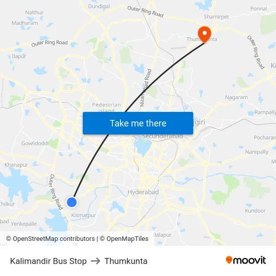 Kalimandir Bus Stop to Thumkunta map