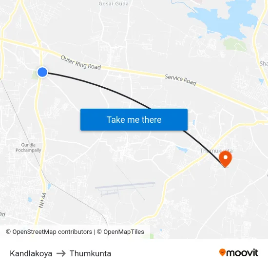 Kandlakoya to Thumkunta map