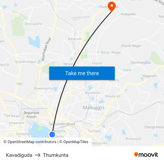 Kavadiguda to Thumkunta map