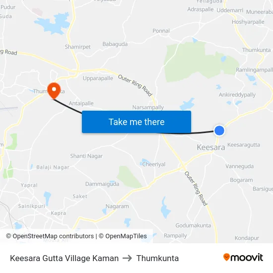 Keesara Gutta Village Kaman to Thumkunta map