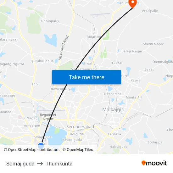 Somajiguda to Thumkunta map