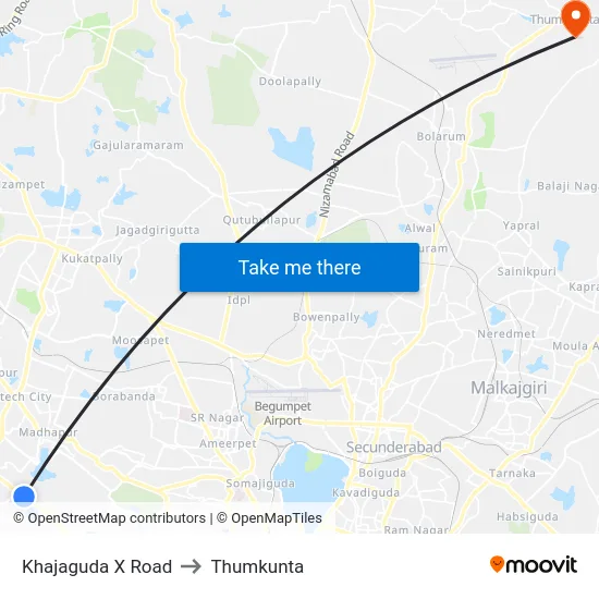 Khajaguda X Road to Thumkunta map