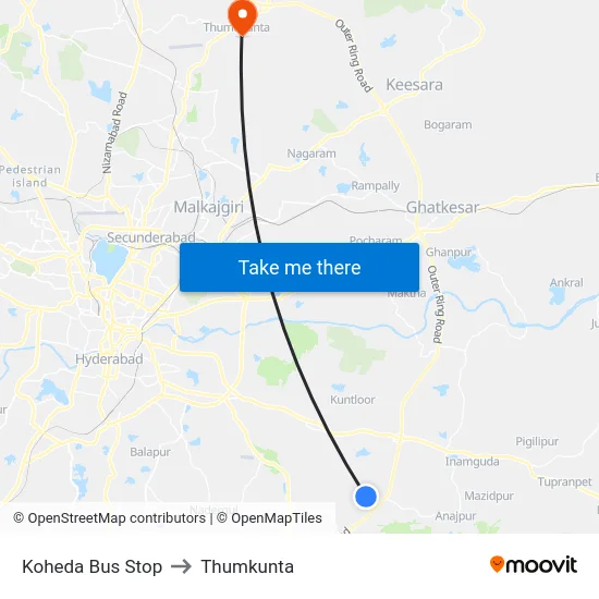 Koheda Bus Stop to Thumkunta map