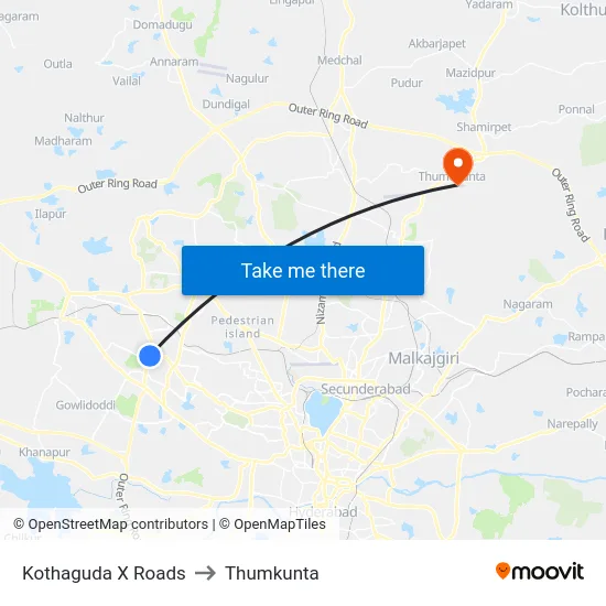 Kothaguda X Roads to Thumkunta map