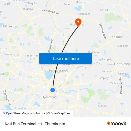 Koti Bus Terminal to Thumkunta map
