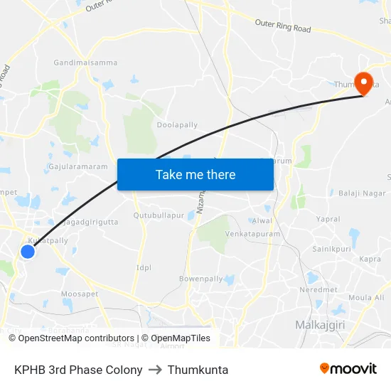KPHB 3rd Phase Colony to Thumkunta map