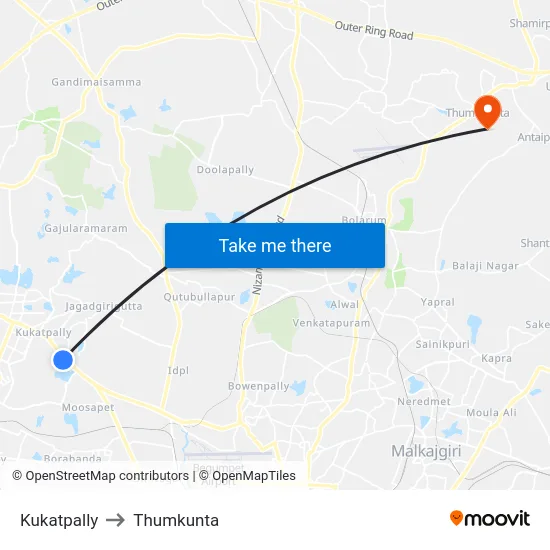 Kukatpally to Thumkunta map