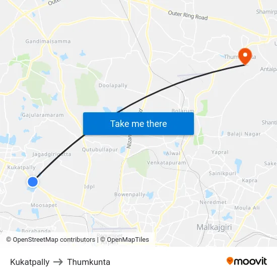Kukatpally to Thumkunta map