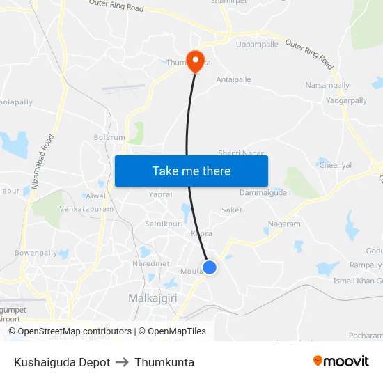 Kushaiguda Depot to Thumkunta map