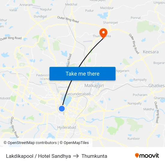 Lakdikapool / Hotel Sandhya to Thumkunta map