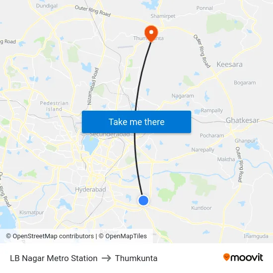 LB Nagar Metro Station to Thumkunta map