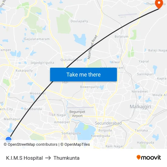 K.I.M.S Hospital to Thumkunta map