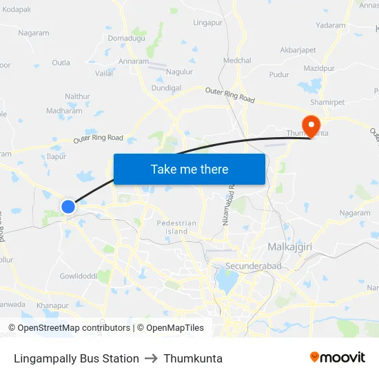 Lingampally Bus Station to Thumkunta map