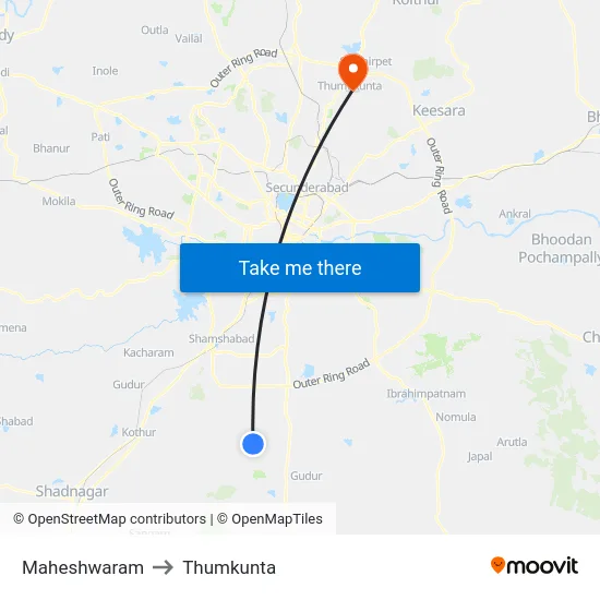 Maheshwaram to Thumkunta map
