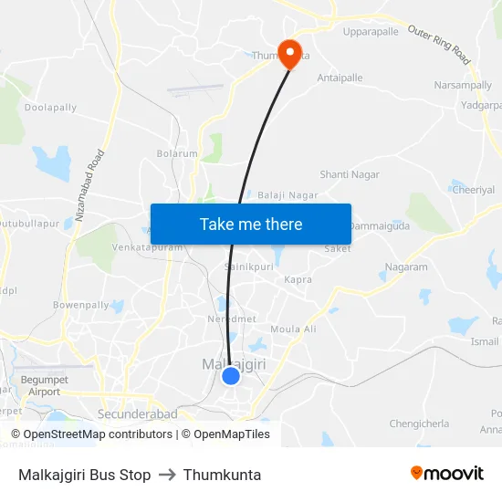 Malkajgiri Bus Stop to Thumkunta map