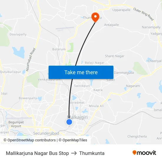 Mallikarjuna Nagar Bus Stop to Thumkunta map