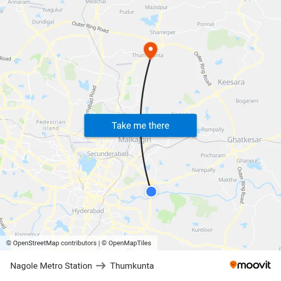 Nagole Metro Station to Thumkunta map