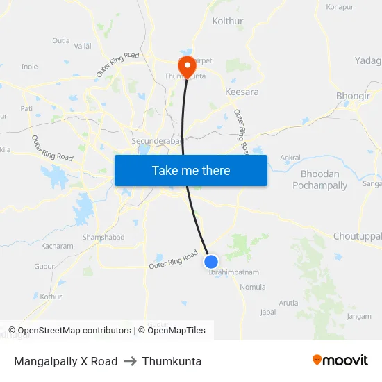 Mangalpally X Road to Thumkunta map