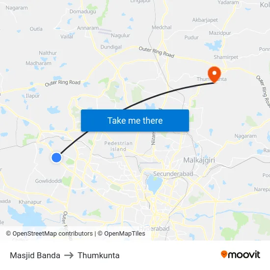 Masjid Banda to Thumkunta map
