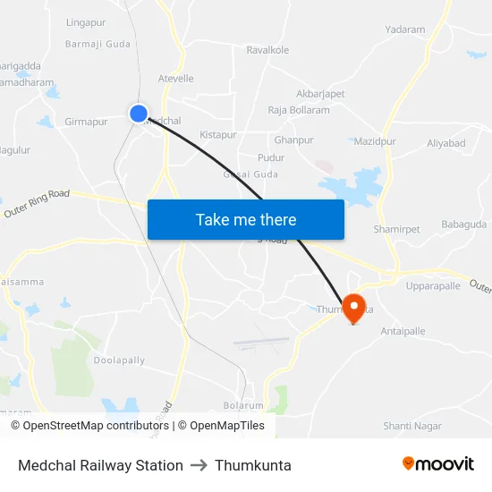 Medchal Railway Station to Thumkunta map