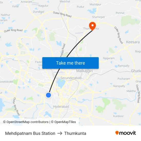 Mehdipatnam Bus Station to Thumkunta map