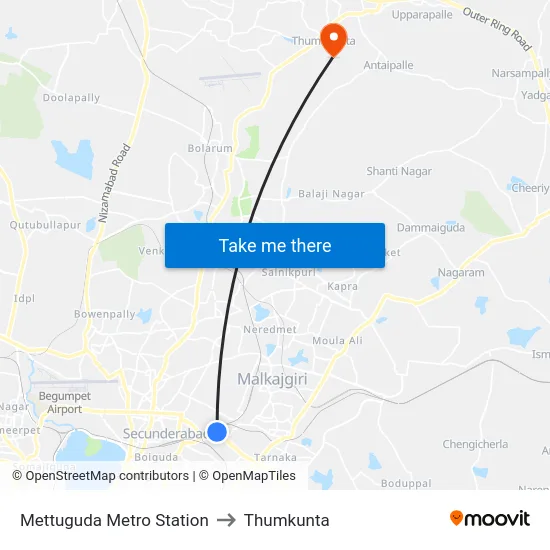Mettuguda Metro Station to Thumkunta map