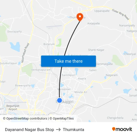 Dayanand Nagar Bus Stop to Thumkunta map