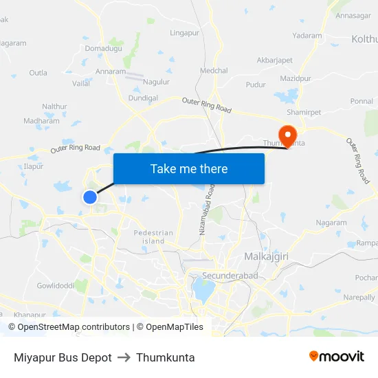 Miyapur Bus Depot to Thumkunta map