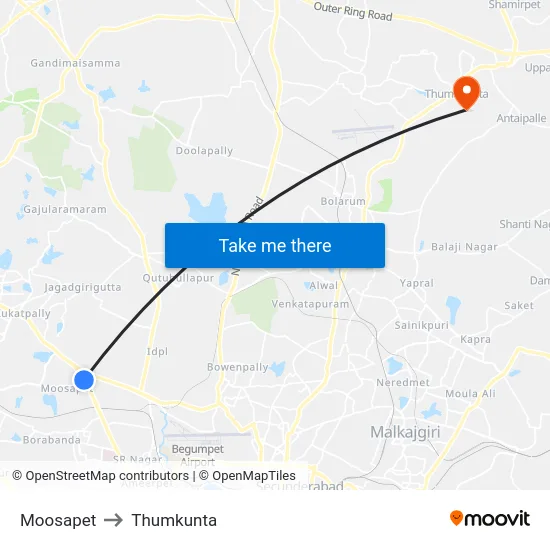 Moosapet to Thumkunta map