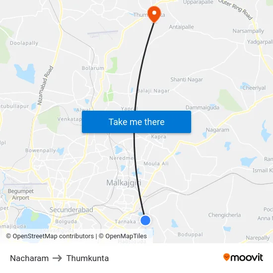 Nacharam to Thumkunta map