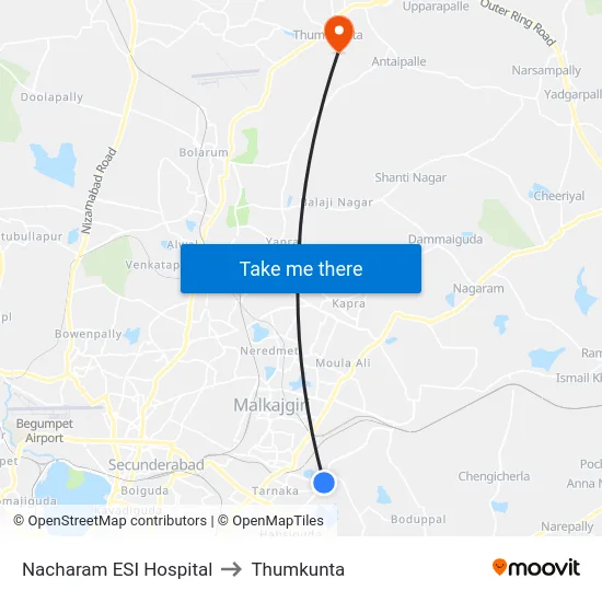 Nacharam ESI Hospital to Thumkunta map