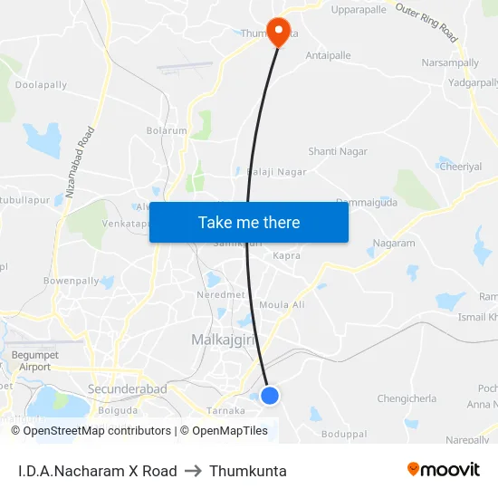 I.D.A.Nacharam X Road to Thumkunta map