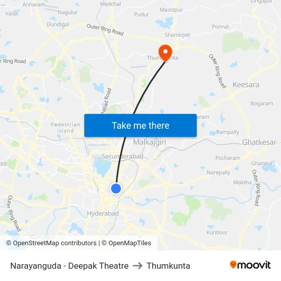 Narayanguda - Deepak Theatre to Thumkunta map