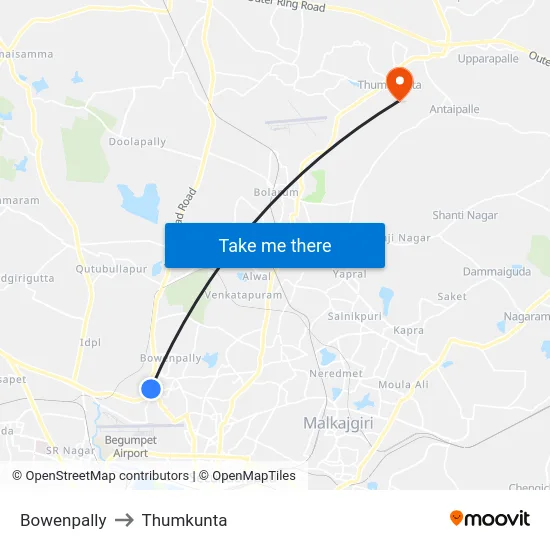 Bowenpally to Thumkunta map
