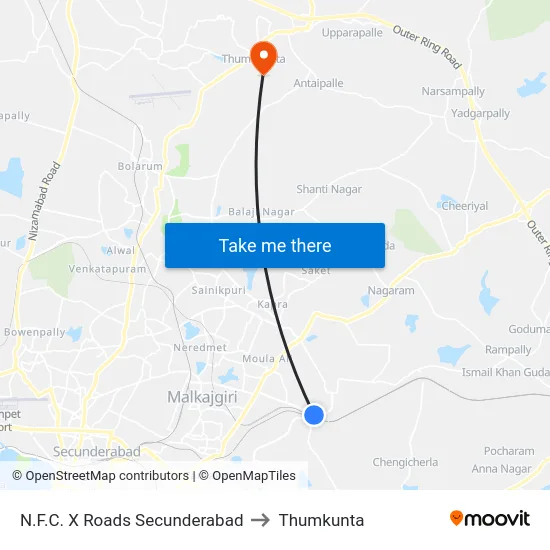 N.F.C. X Roads Secunderabad to Thumkunta map