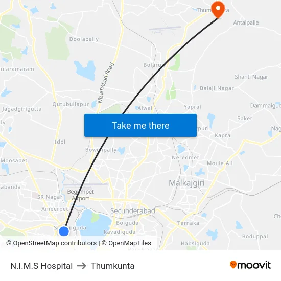 N.I.M.S Hospital to Thumkunta map