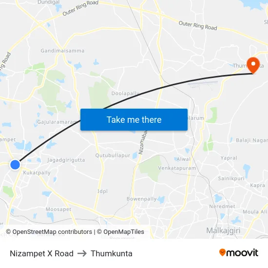 Nizampet X Road to Thumkunta map