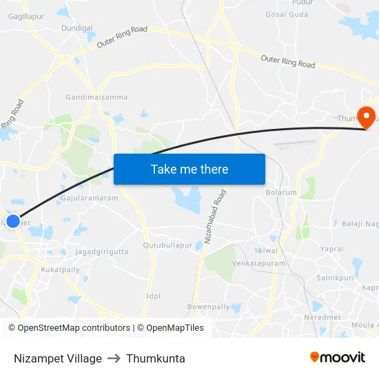 Nizampet Village to Thumkunta map