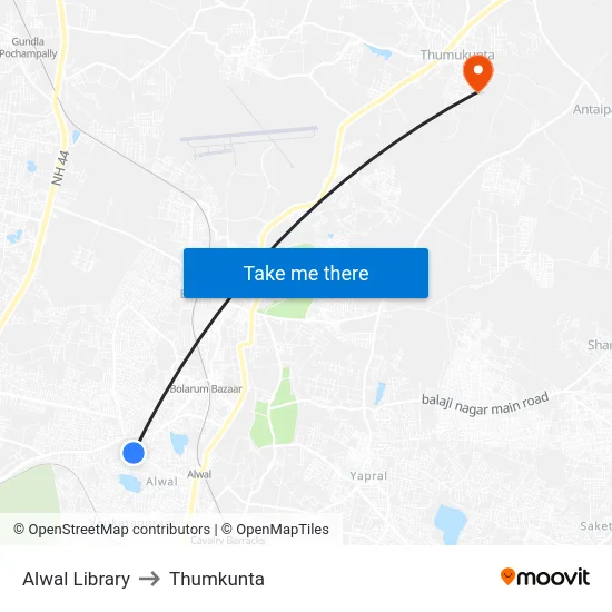 Alwal Library to Thumkunta map