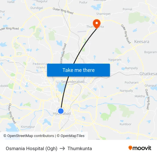 Osmania Hospital (Ogh) to Thumkunta map