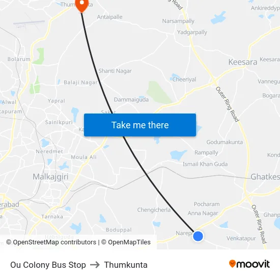 Ou Colony Bus Stop to Thumkunta map