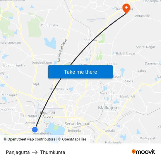 Panjagutta to Thumkunta map