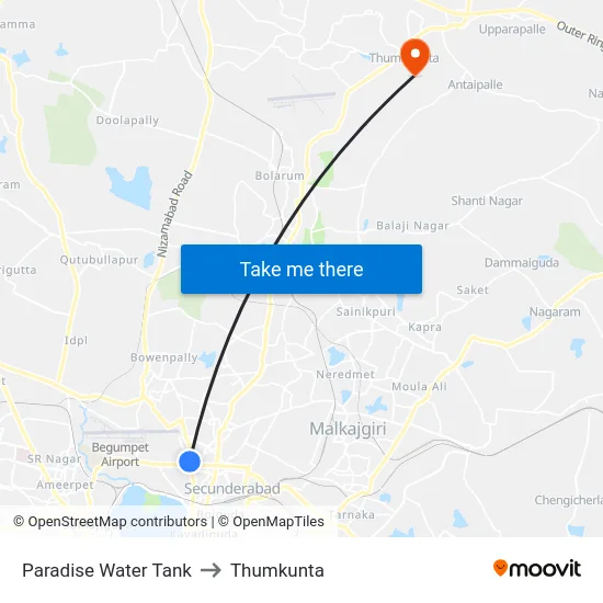 Paradise Water Tank to Thumkunta map