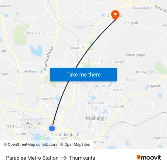 Paradise Metro Station to Thumkunta map