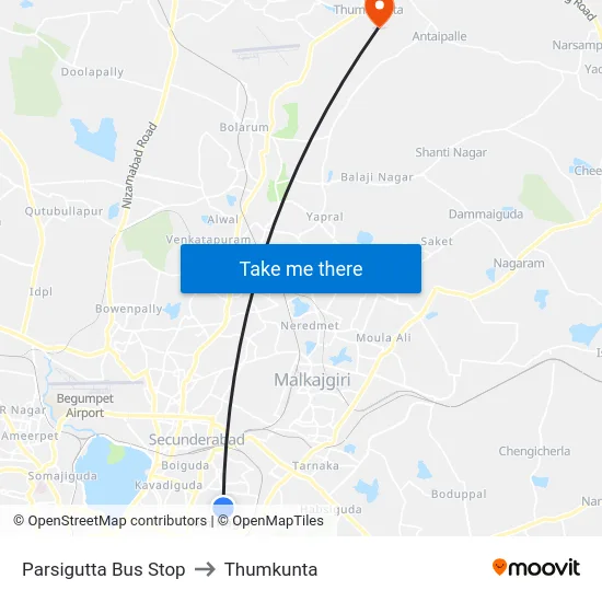 Parsigutta Bus Stop to Thumkunta map