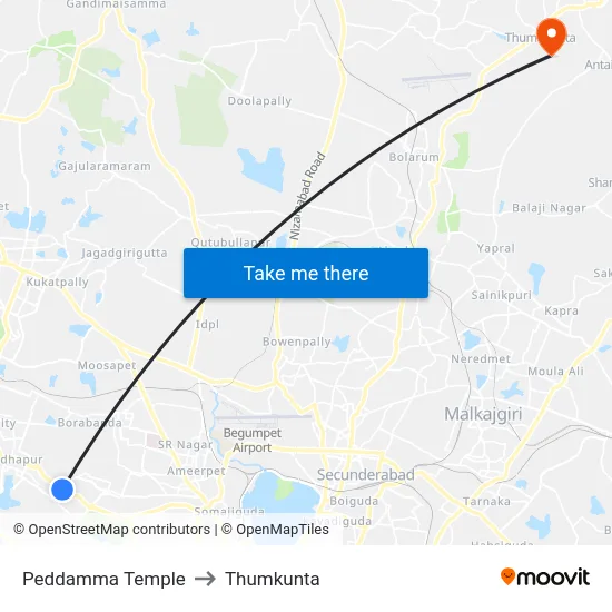 Peddamma Temple to Thumkunta map